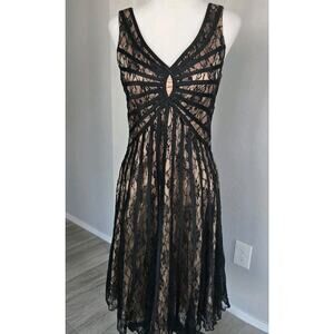 Coya Collection Black Lace Over Cream Evening Fit Flare Midi Dress Sz S